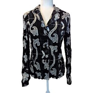 Alberto Makali Crinkle‎ Velvet Black Embroidered Shirt Size Large Button Front